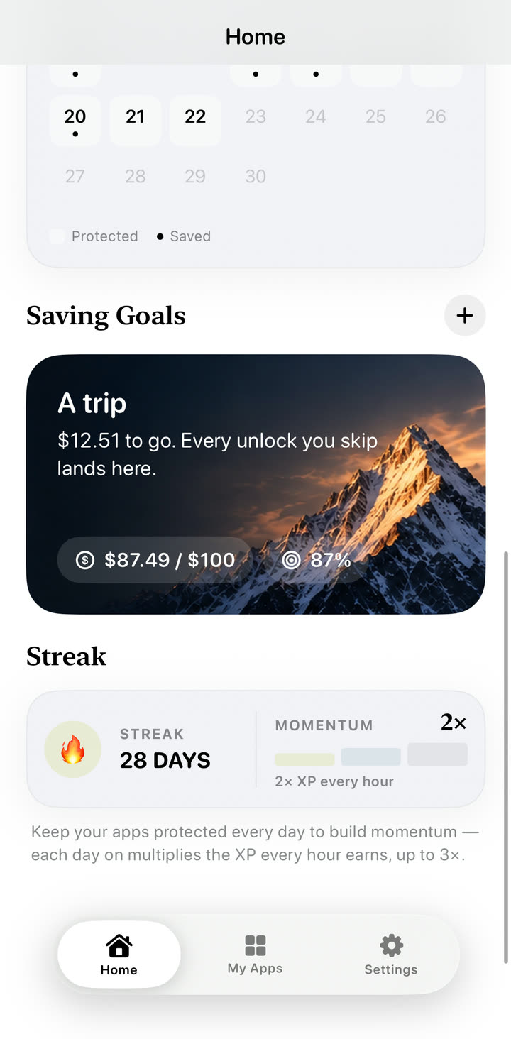 Saving goal card: A trip, $87.49 of $100, 28-day streak with 2x momentum