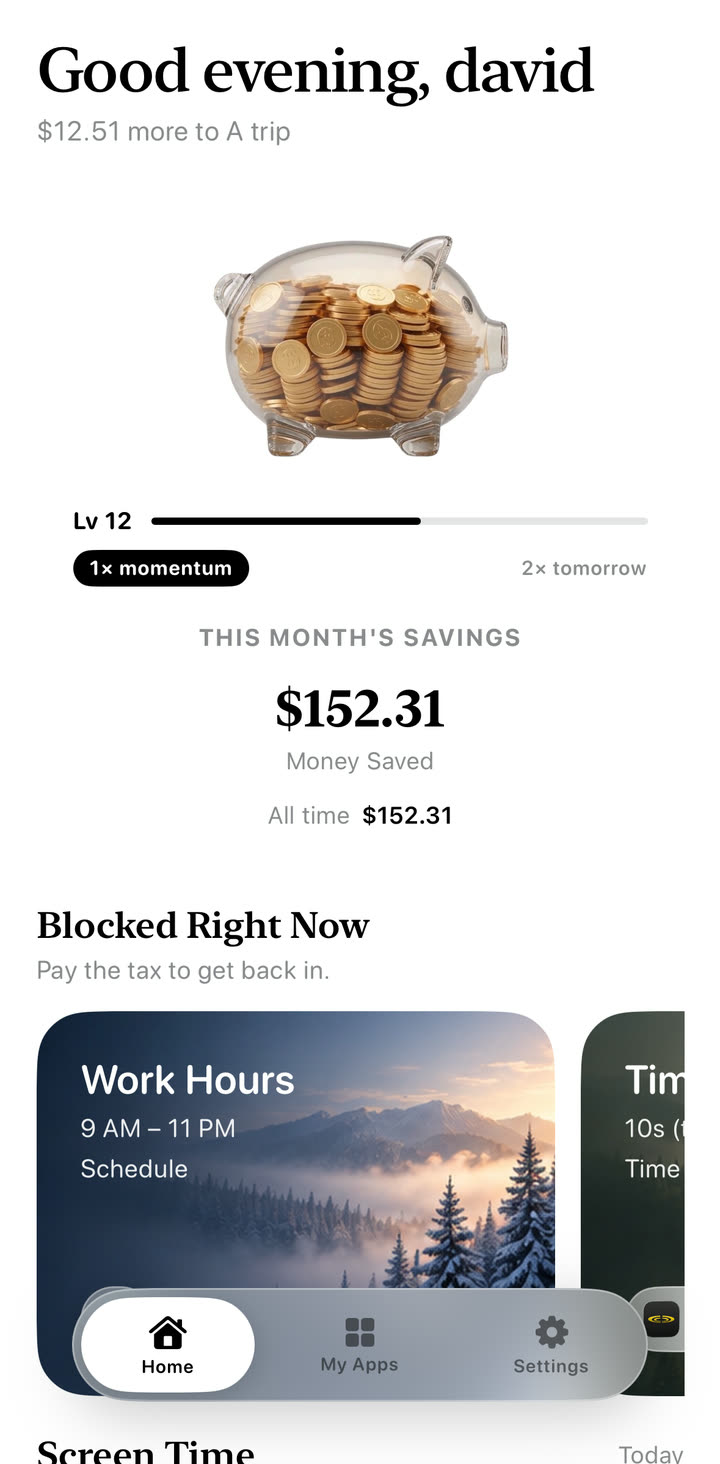 Home screen: pig full of coins, level 12, $152.31 saved this month