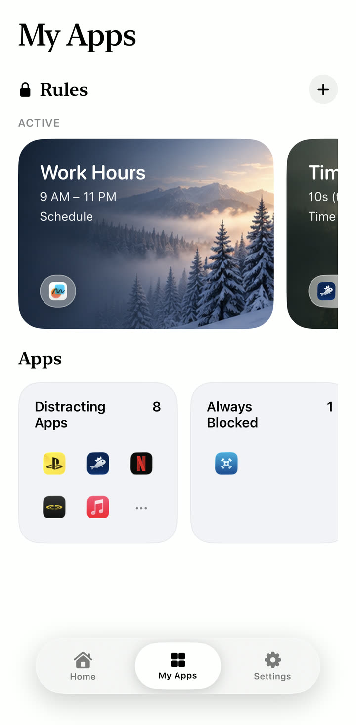 Rules screen: Work Hours 9 AM to 11 PM, distracting apps list